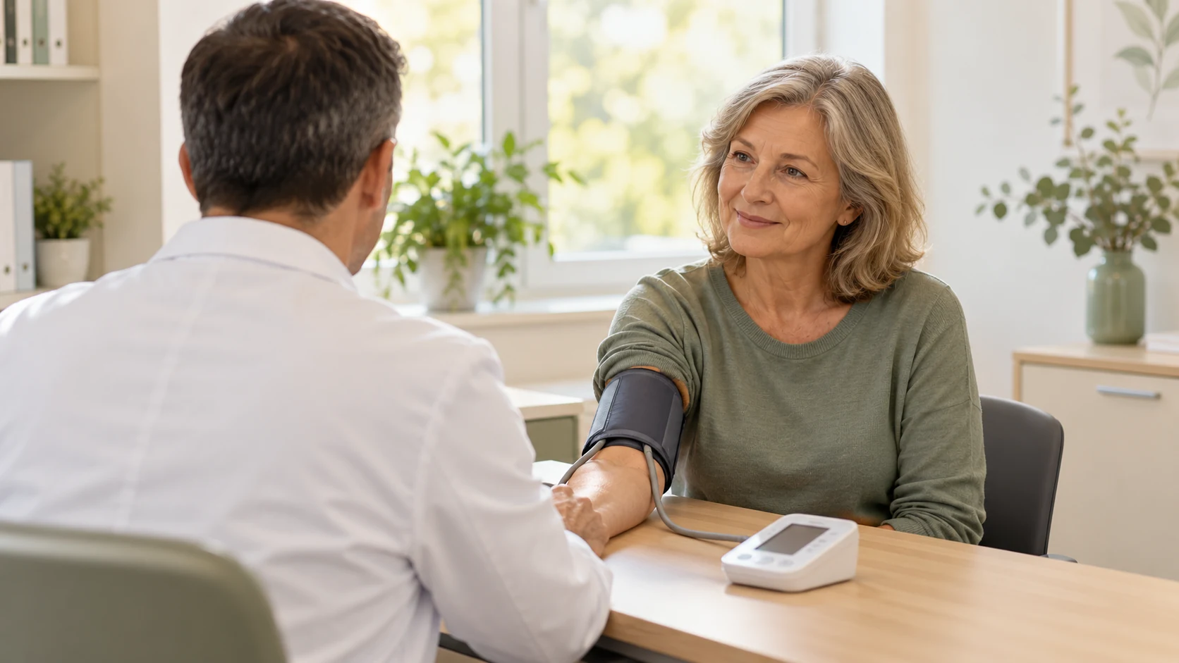 Arzt in Rückenansicht bei der Blutdruckmessung einer Patientin im Rahmen eines Gesundheits-Check-ups.